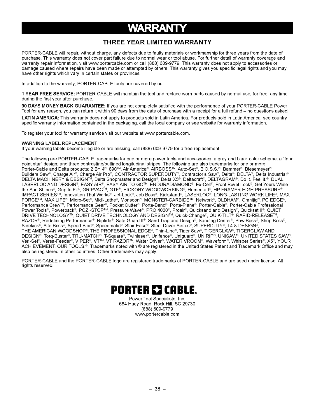 Porter-Cable PCB270TS instruction manual Three Year Limited Warranty 