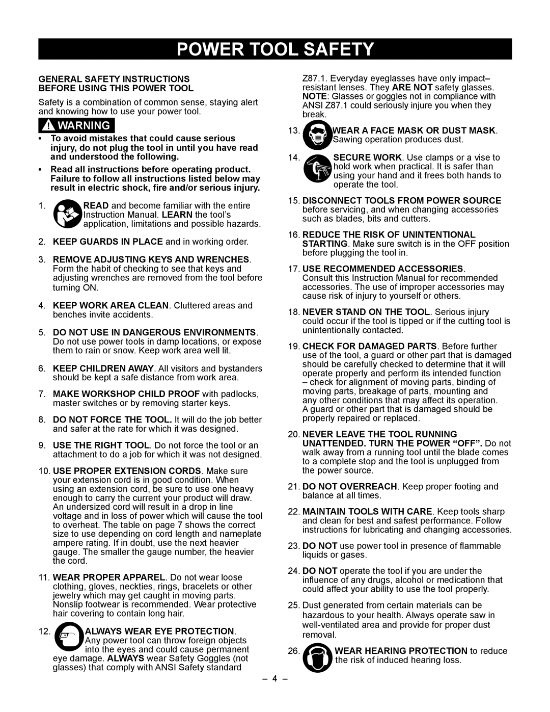 Porter-Cable PCB270TS instruction manual Power Tool Safety, General Safety Instructions Before Using this Power Tool 