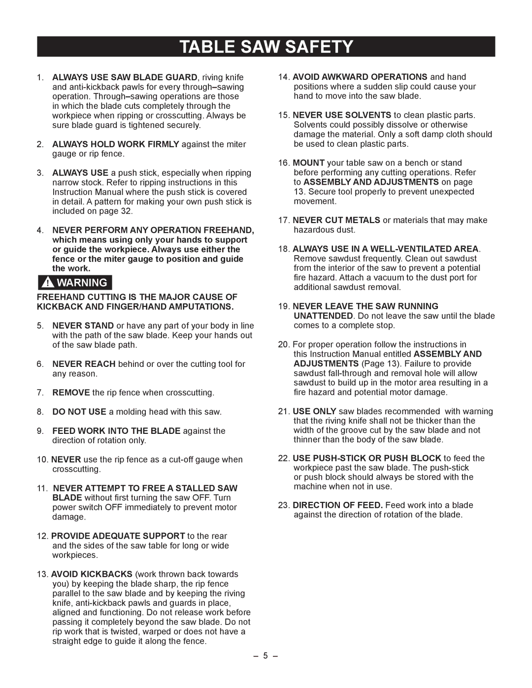 Porter-Cable PCB270TS instruction manual Table SAW Safety 