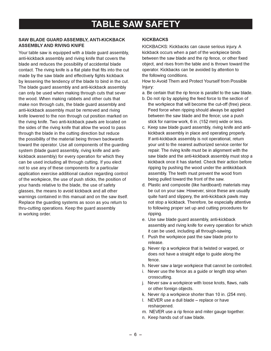 Porter-Cable PCB270TS instruction manual Kickbacks 