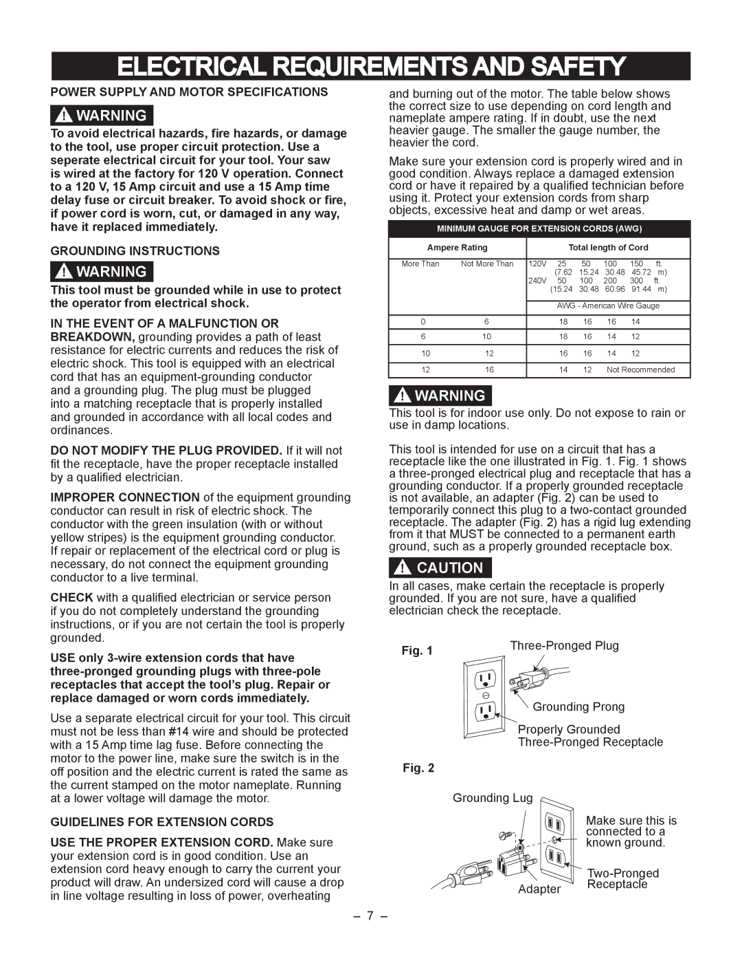 Porter-Cable PCB270TS Electrical Requirements and Safety, Power Supply and Motor Specifications, Grounding Instructions 