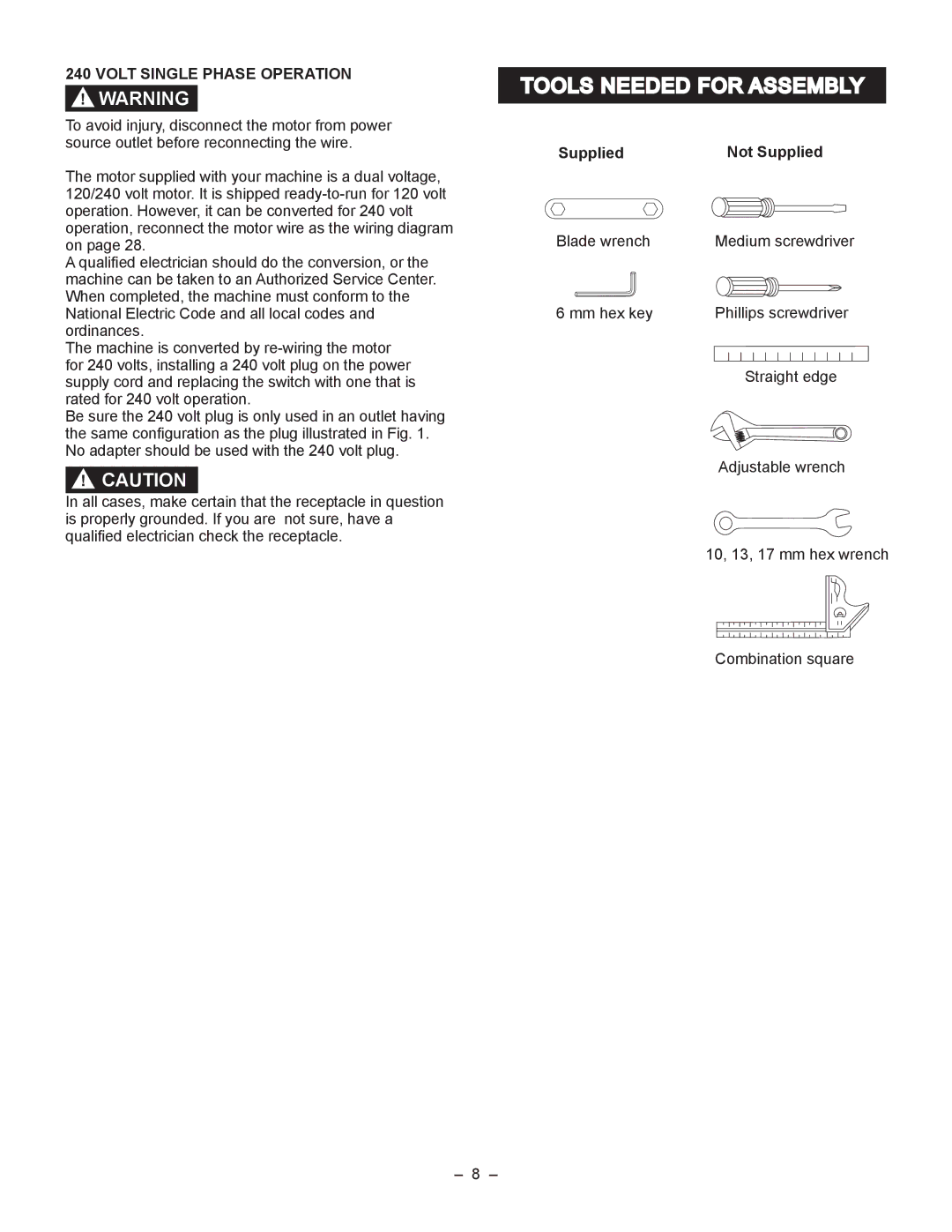 Porter-Cable PCB270TS instruction manual Volt Single Phase Operation, Supplied Not Supplied 