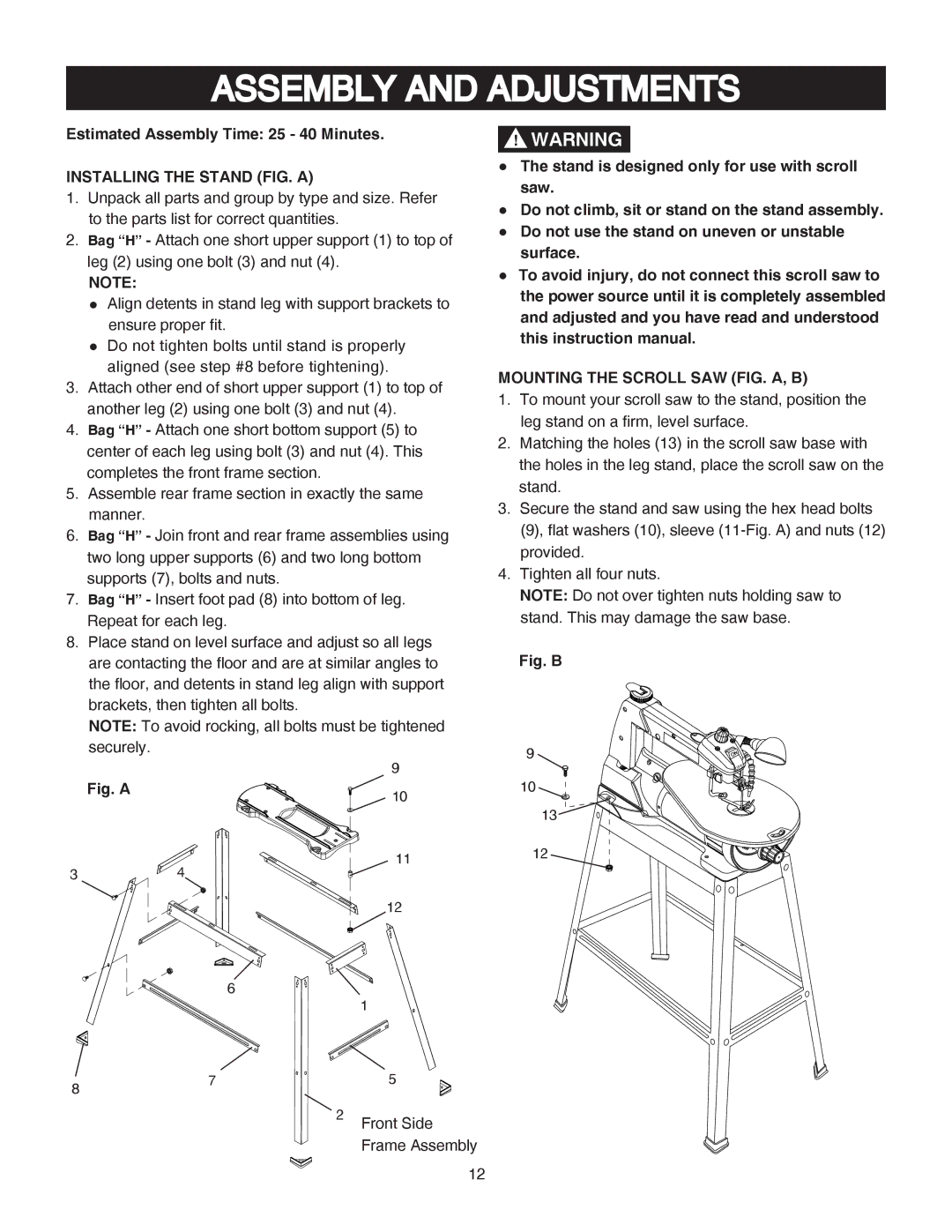 Porter-Cable PCB370SS Assembly and Adjustments, Installing the Stand FIG. a, Mounting the Scroll SAW FIG. A, B 