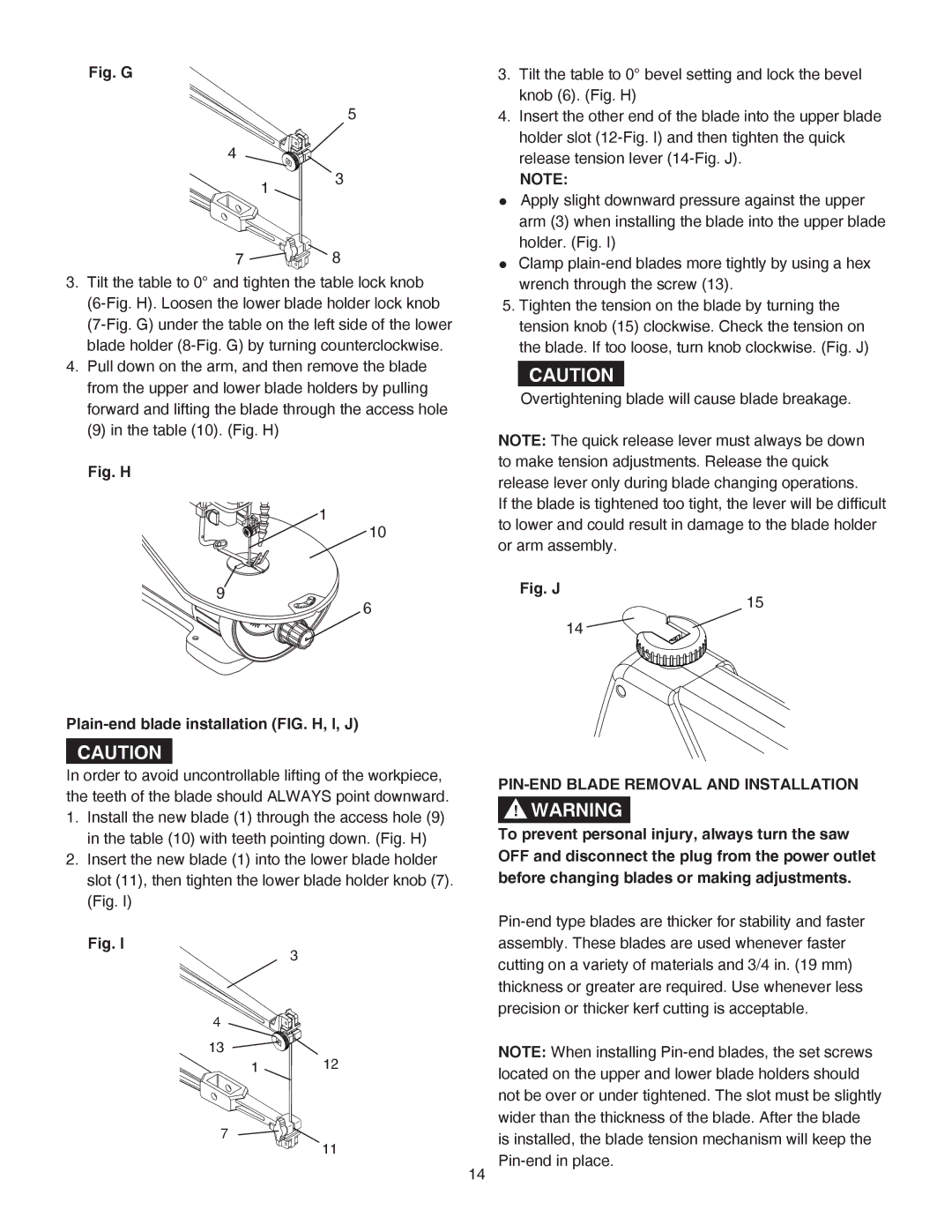 Porter-Cable PCB370SS instruction manual Fig. G, PIN-END Blade Removal and Installation 