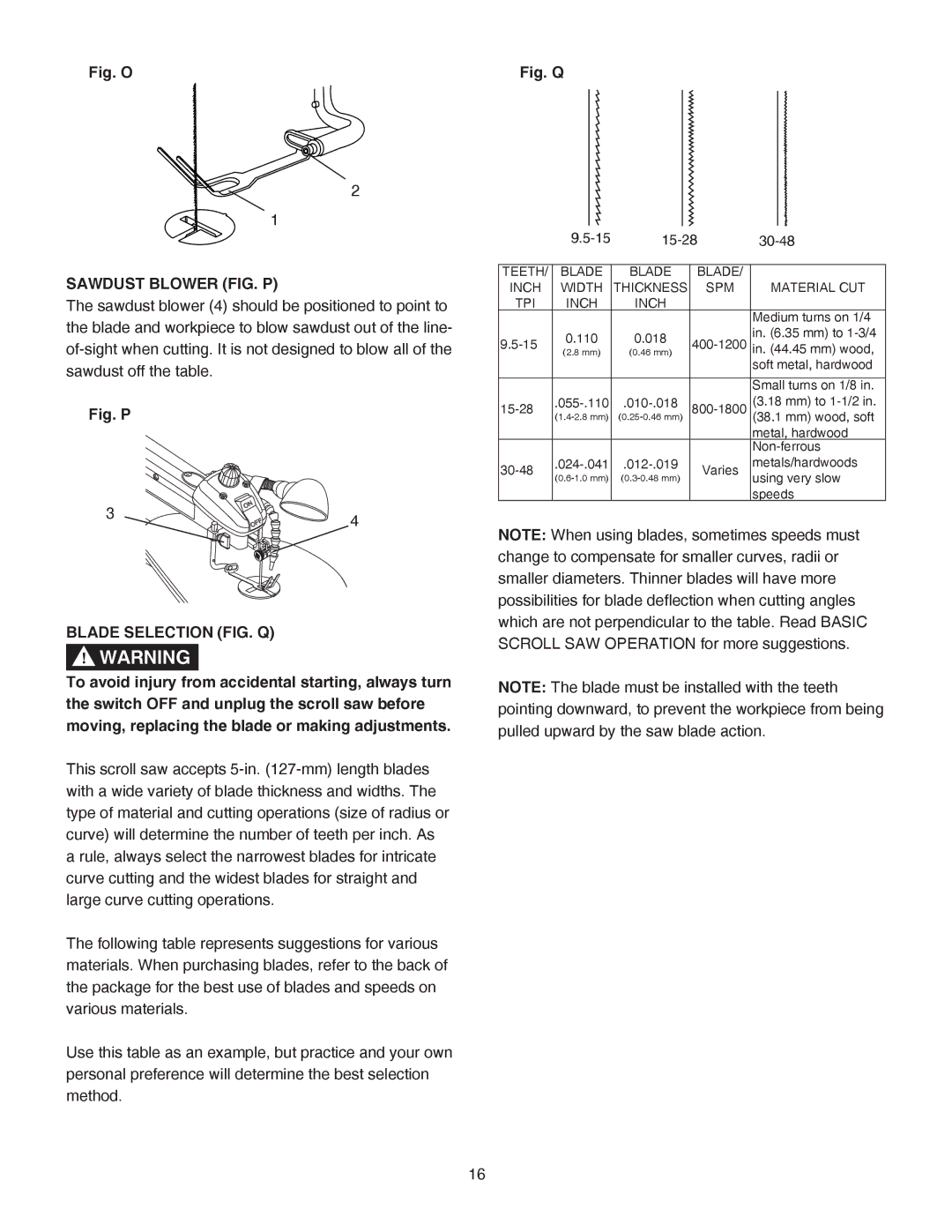 Porter-Cable PCB370SS instruction manual Sawdust Blower FIG. P, Blade Selection FIG. Q 