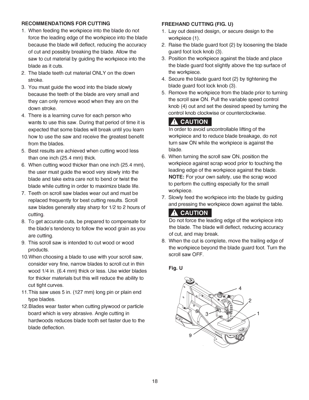 Porter-Cable PCB370SS instruction manual Recommendations for Cutting, Freehand Cutting FIG. U 