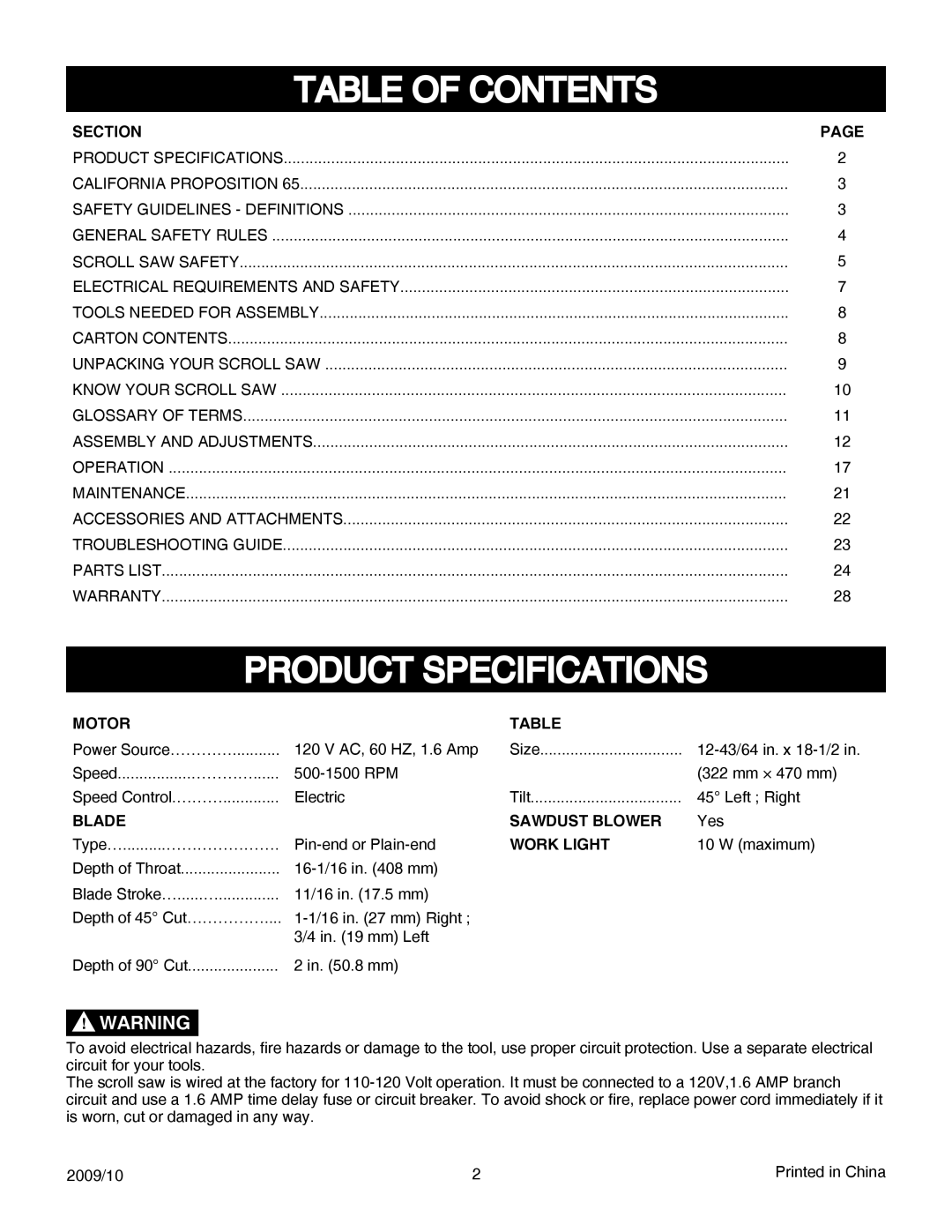 Porter-Cable PCB370SS instruction manual Table of Contents, Product Specifications 