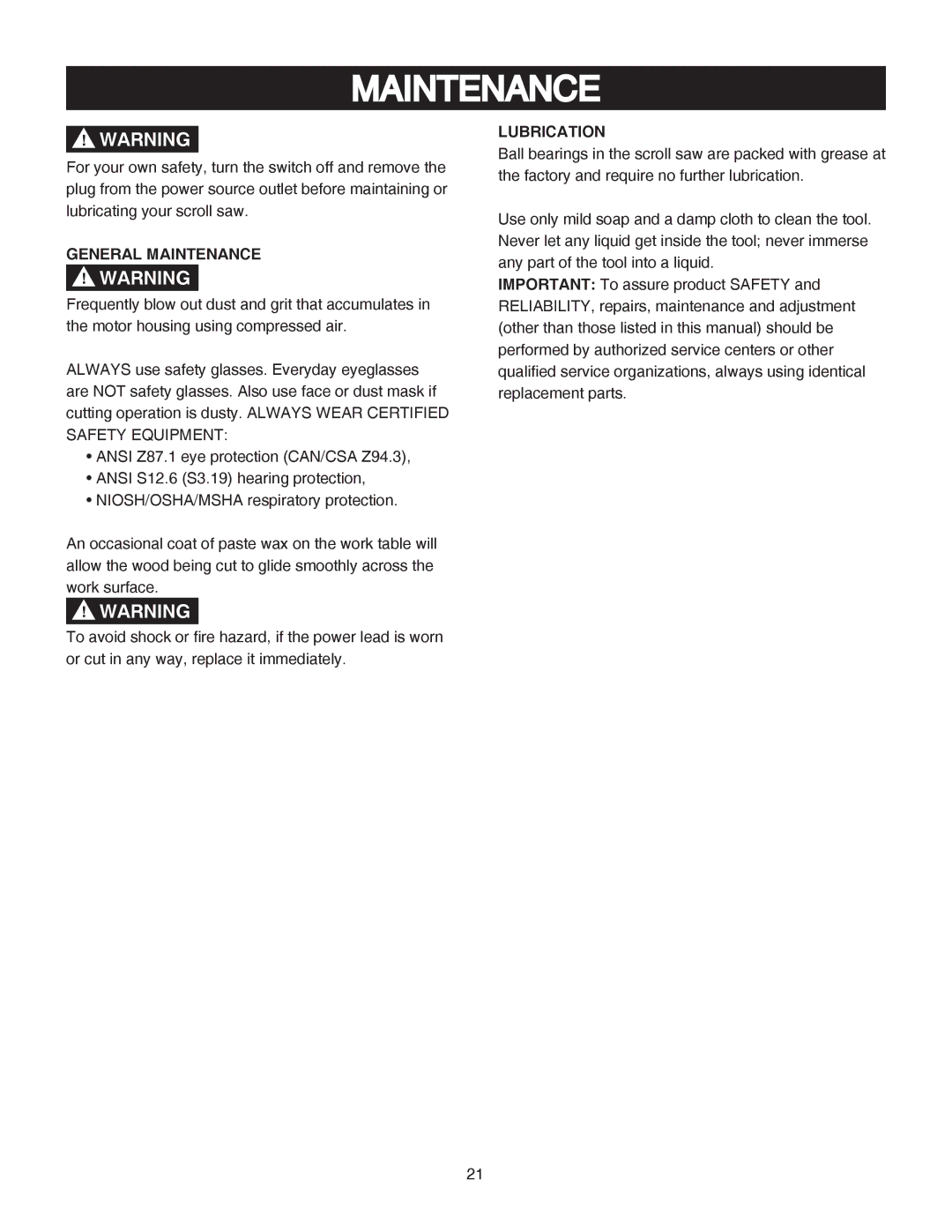 Porter-Cable PCB370SS instruction manual General Maintenance, Lubrication 