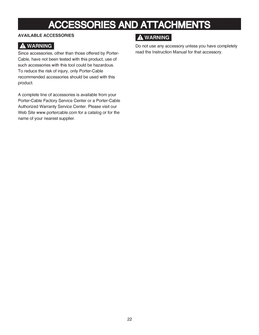 Porter-Cable PCB370SS instruction manual Accessories and Attachments, Available Accessories 