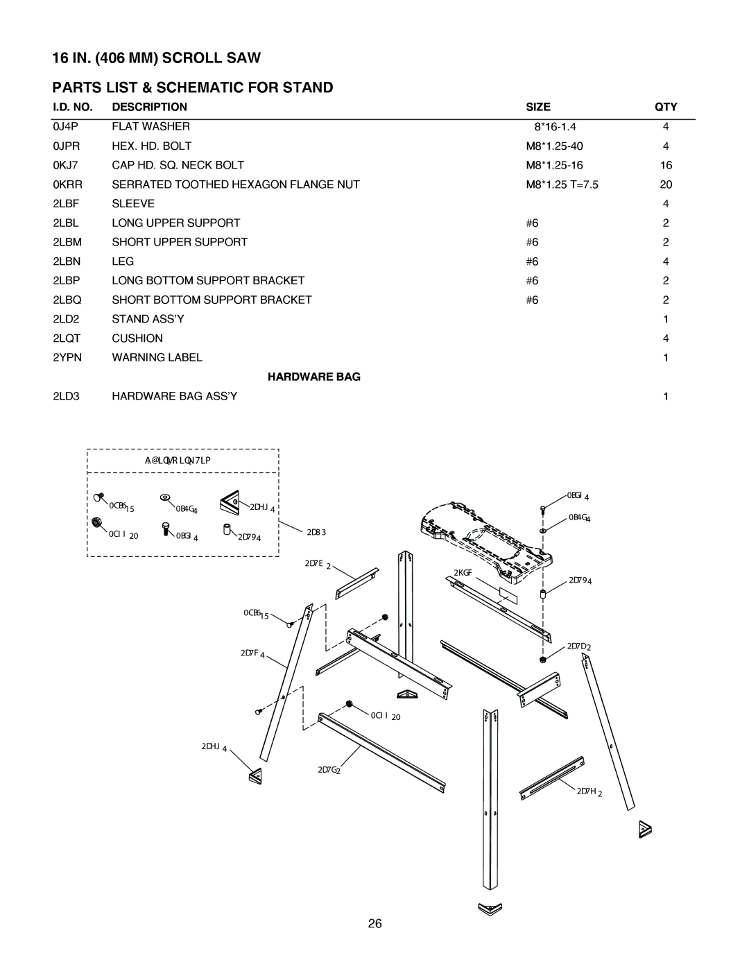 Porter-Cable PCB370SS instruction manual Parts List & Schematic for Stand, Description Size QTY 