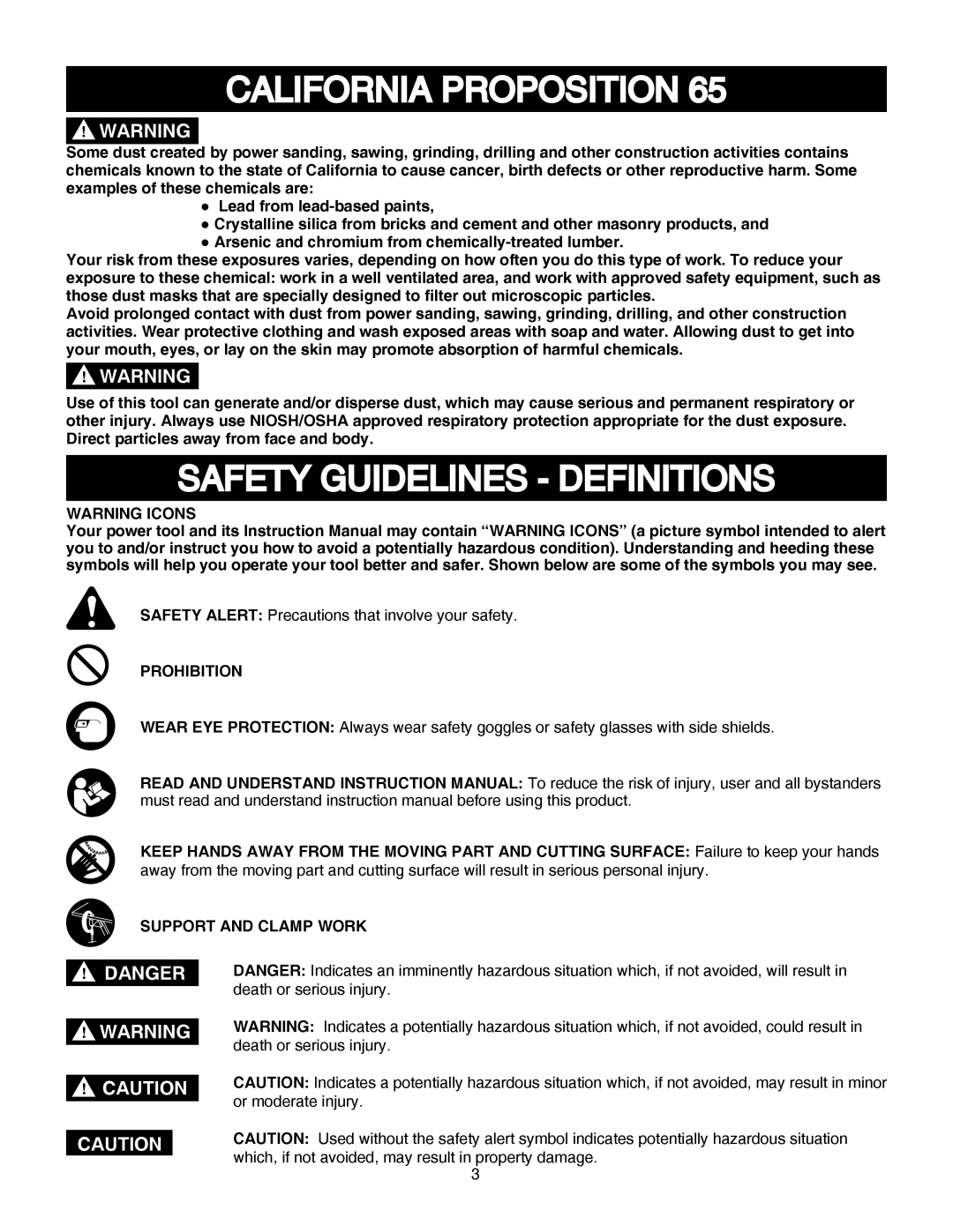 Porter-Cable PCB370SS California Proposition, Safety Guidelines Definitions, Prohibition, Support and Clamp Work 