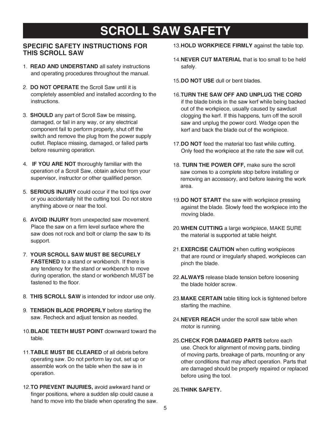 Porter-Cable PCB370SS instruction manual Specific Safety Instructions for this Scroll SAW, Think Safety 