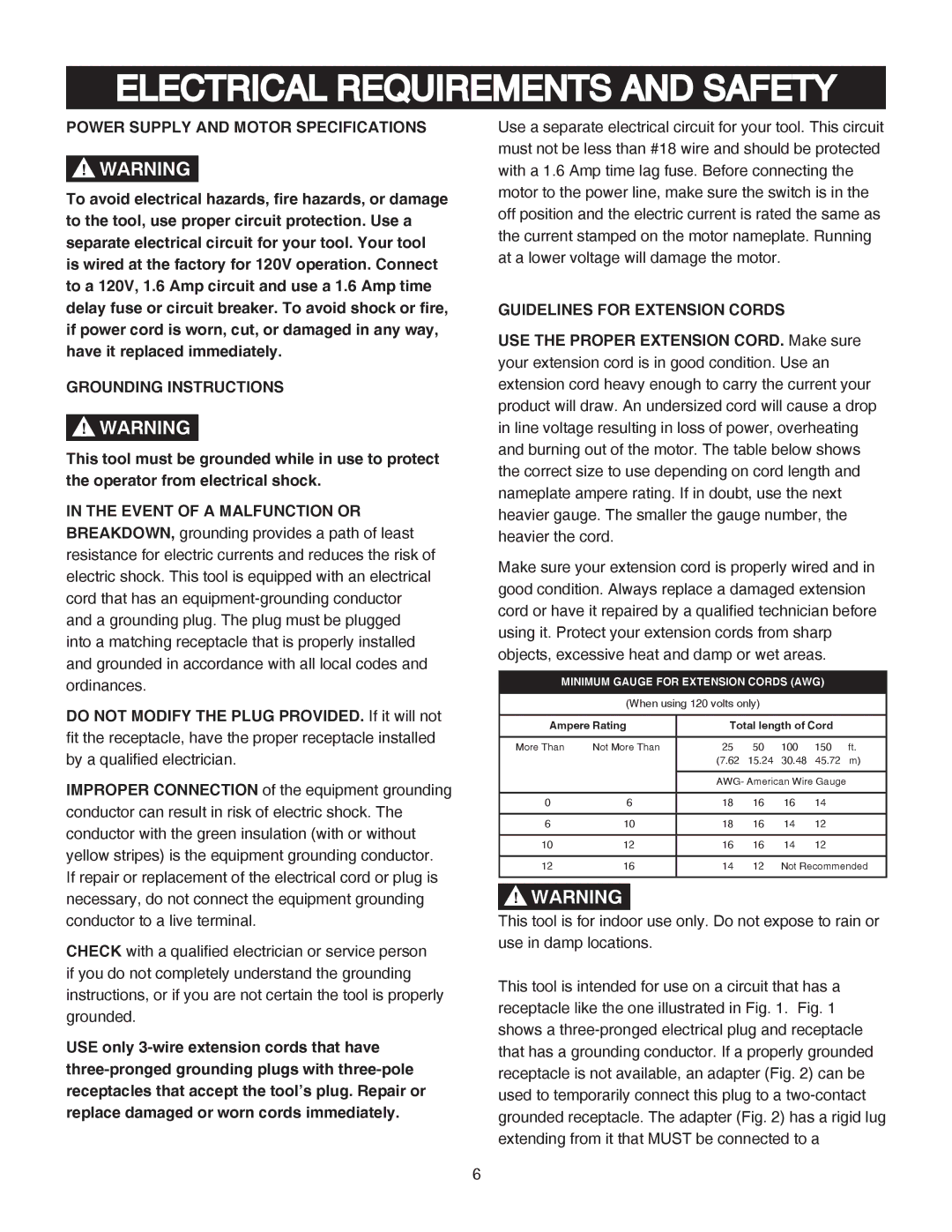 Porter-Cable PCB370SS Electrical Requirements and Safety, Power Supply and Motor Specifications, Grounding Instructions 