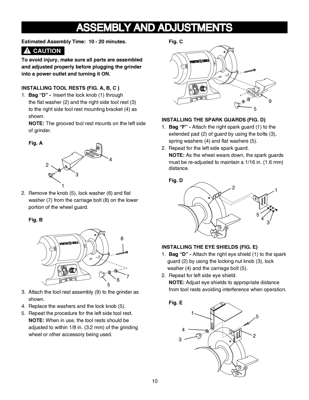 Porter-Cable PCB575BG Assembly and Adjustments, Installing Tool Rests FIG. A, B, C, Installing the Spark Guards FIG. D 