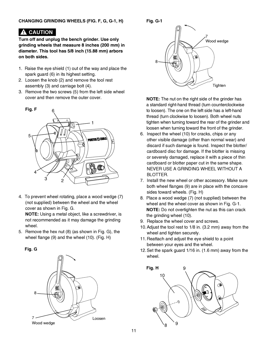 Porter-Cable PCB575BG Changing Grinding Wheels FIG. F, G, G-1, H, Never USE a Grinding Wheel Without a Blotter 