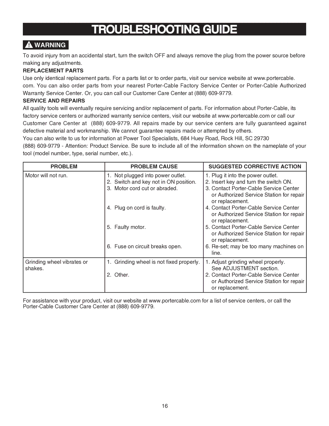 Porter-Cable PCB575BG instruction manual Troubleshooting Guide, Replacement Parts Service and Repairs 