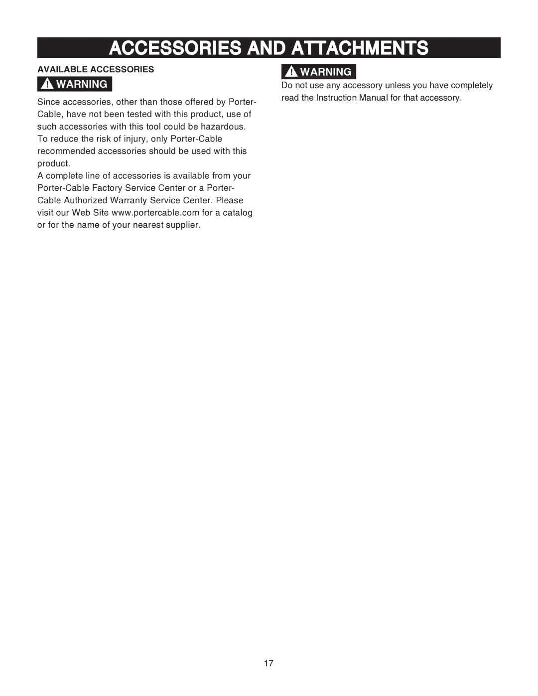 Porter-Cable PCB575BG instruction manual Accessories and Attachments, Available Accessories 