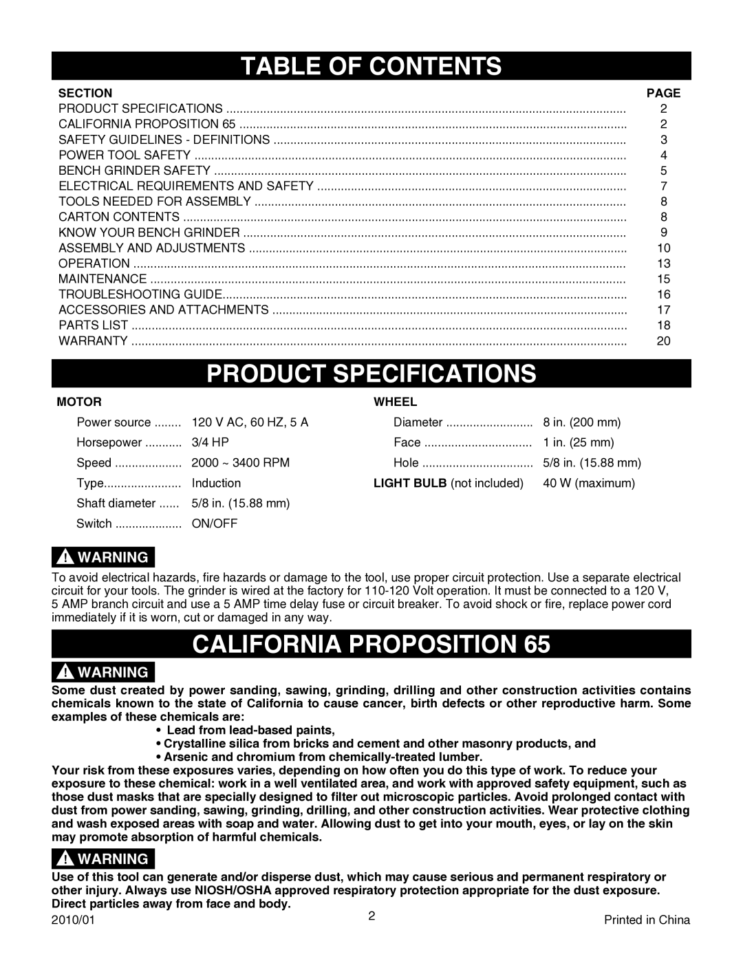 Porter-Cable PCB575BG instruction manual Table of Contents, California Proposition 