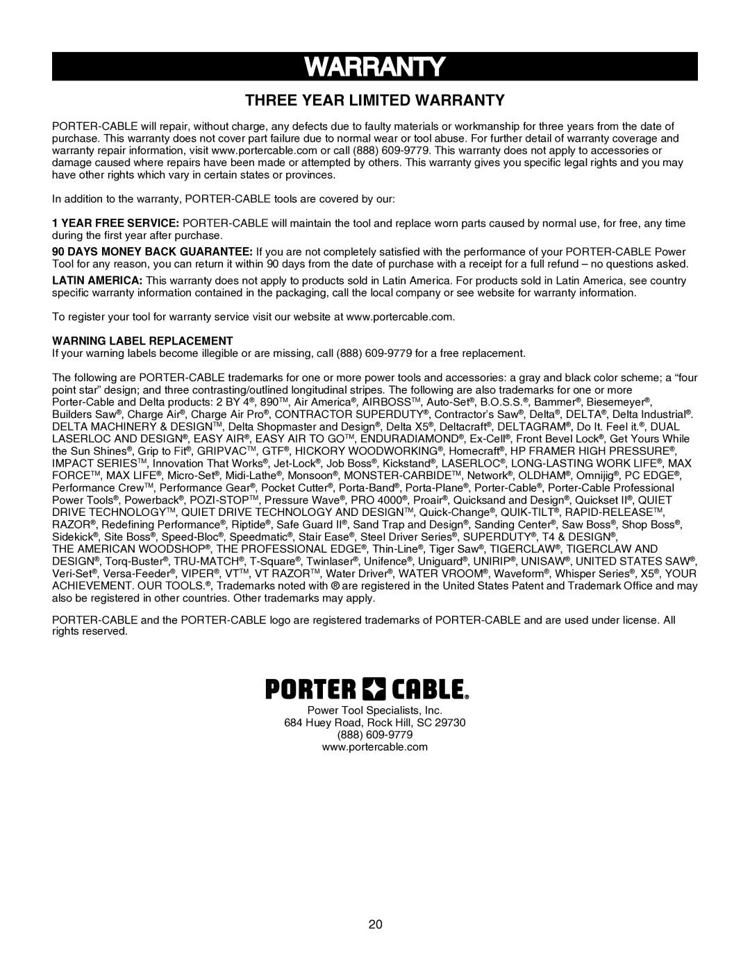 Porter-Cable PCB575BG instruction manual Three Year Limited Warranty 