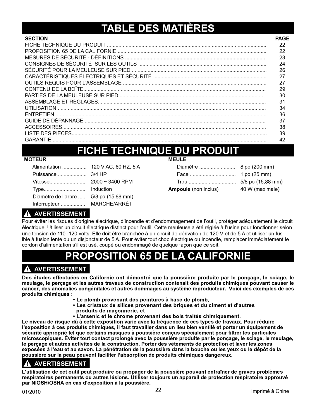 Porter-Cable PCB575BG instruction manual Table DES Matières, Proposition 65 DE LA Californie, Moteur Meule 