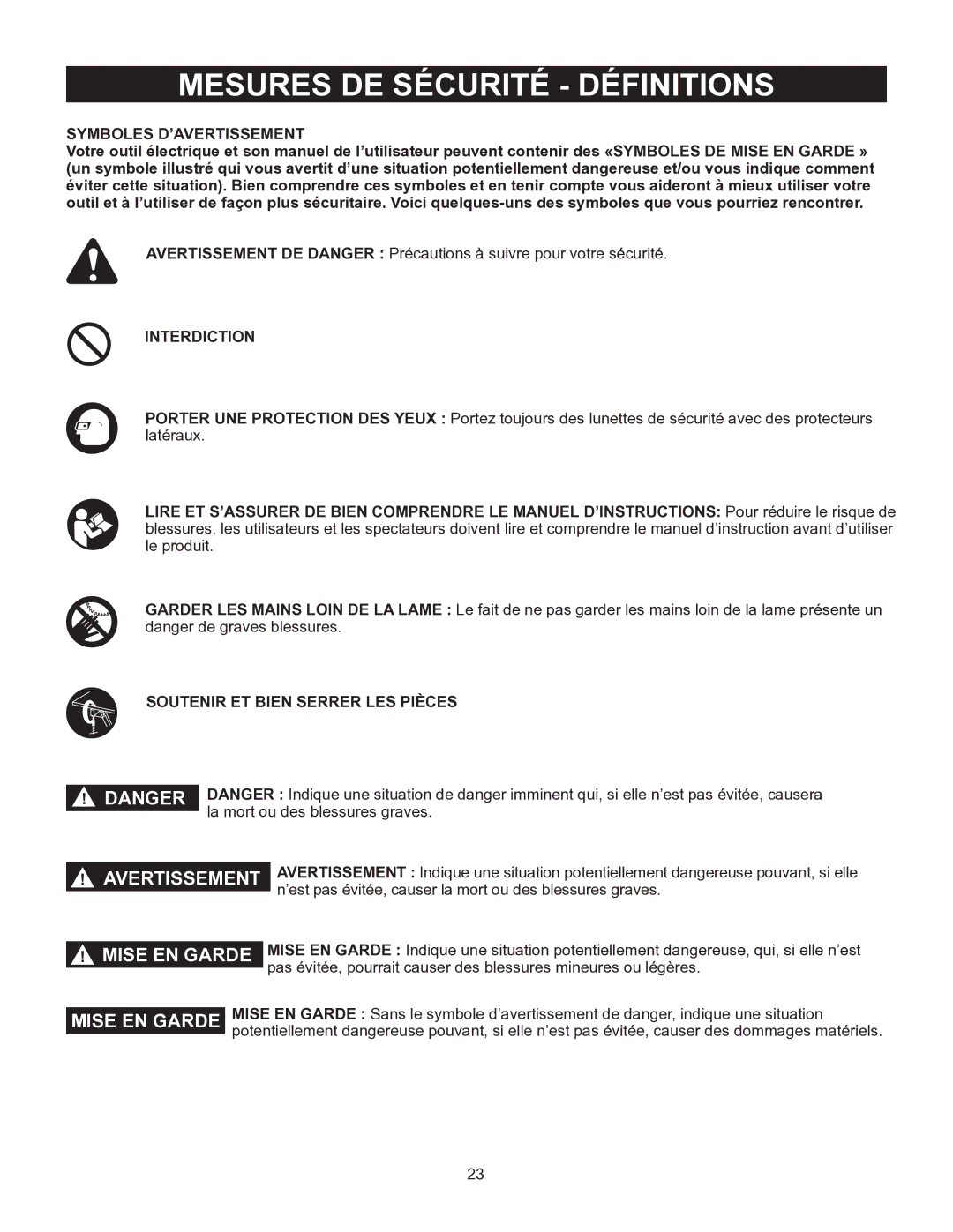 Porter-Cable PCB575BG instruction manual Mesures DE Sécurité Définitions, Symboles D’AVERTISSEMENT, Interdiction 