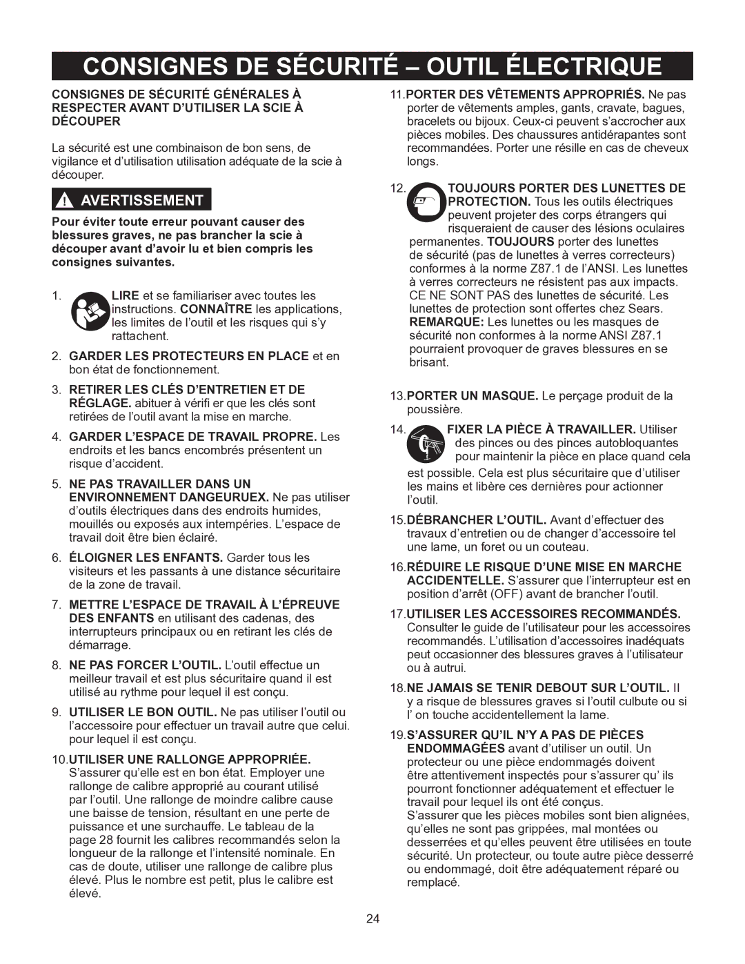 Porter-Cable PCB575BG instruction manual Consignes DE Sécurité Outil Électrique, Toujours Porter DES Lunettes DE 