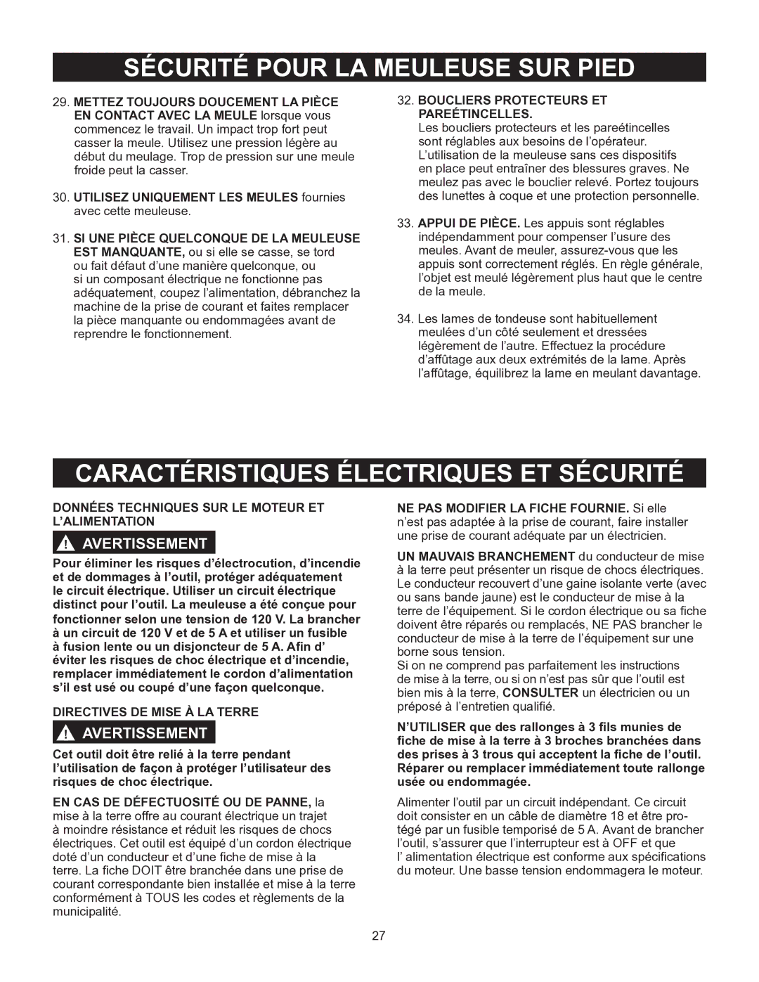 Porter-Cable PCB575BG instruction manual Caractéristiques Électriques ET Sécurité, Boucliers Protecteurs ET Pareétincelles 