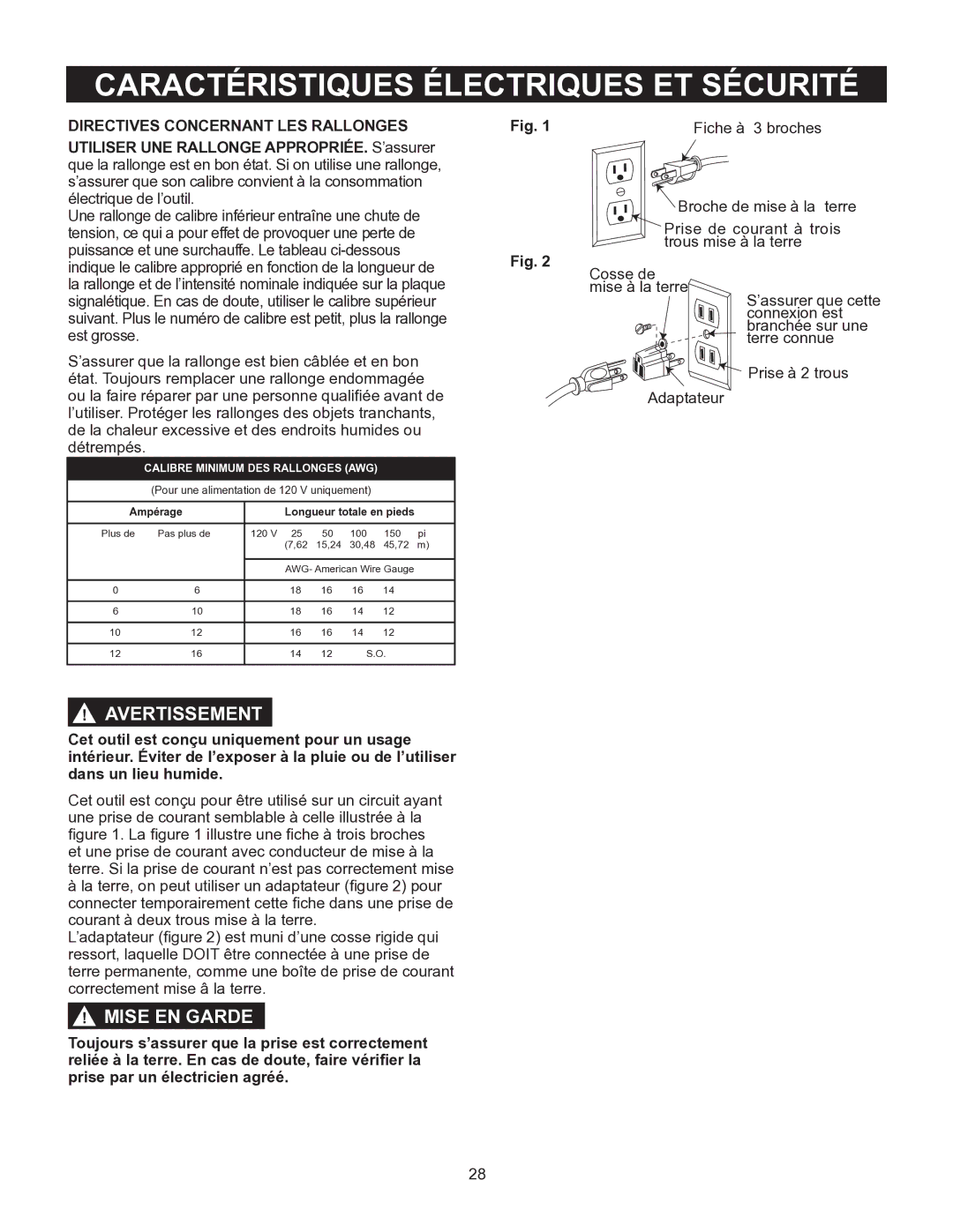 Porter-Cable PCB575BG instruction manual Directives Concernant LES Rallonges, Calibre Minimum DES Rallonges AWG 