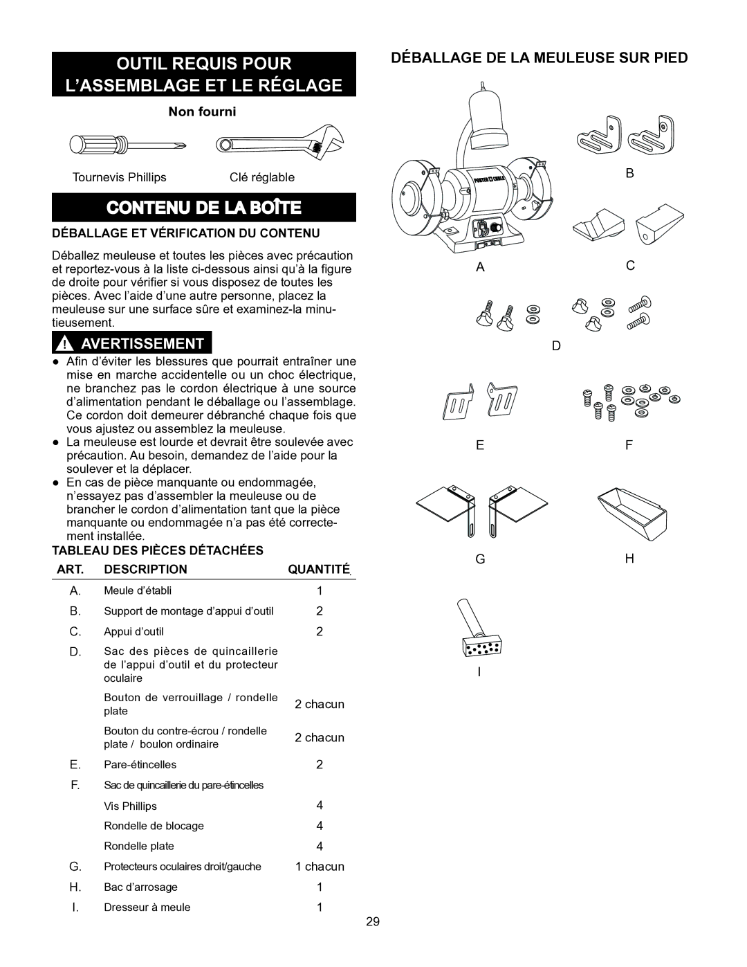 Porter-Cable PCB575BG instruction manual Déballage DE LA Meuleuse SUR Pied, Déballage ET Vérification DU Contenu 