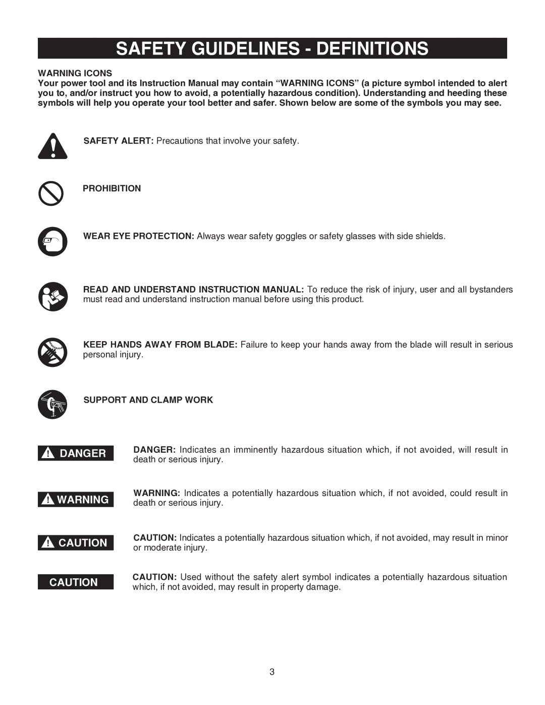 Porter-Cable PCB575BG instruction manual Safety Guidelines Definitions, Prohibition, Support and Clamp Work 