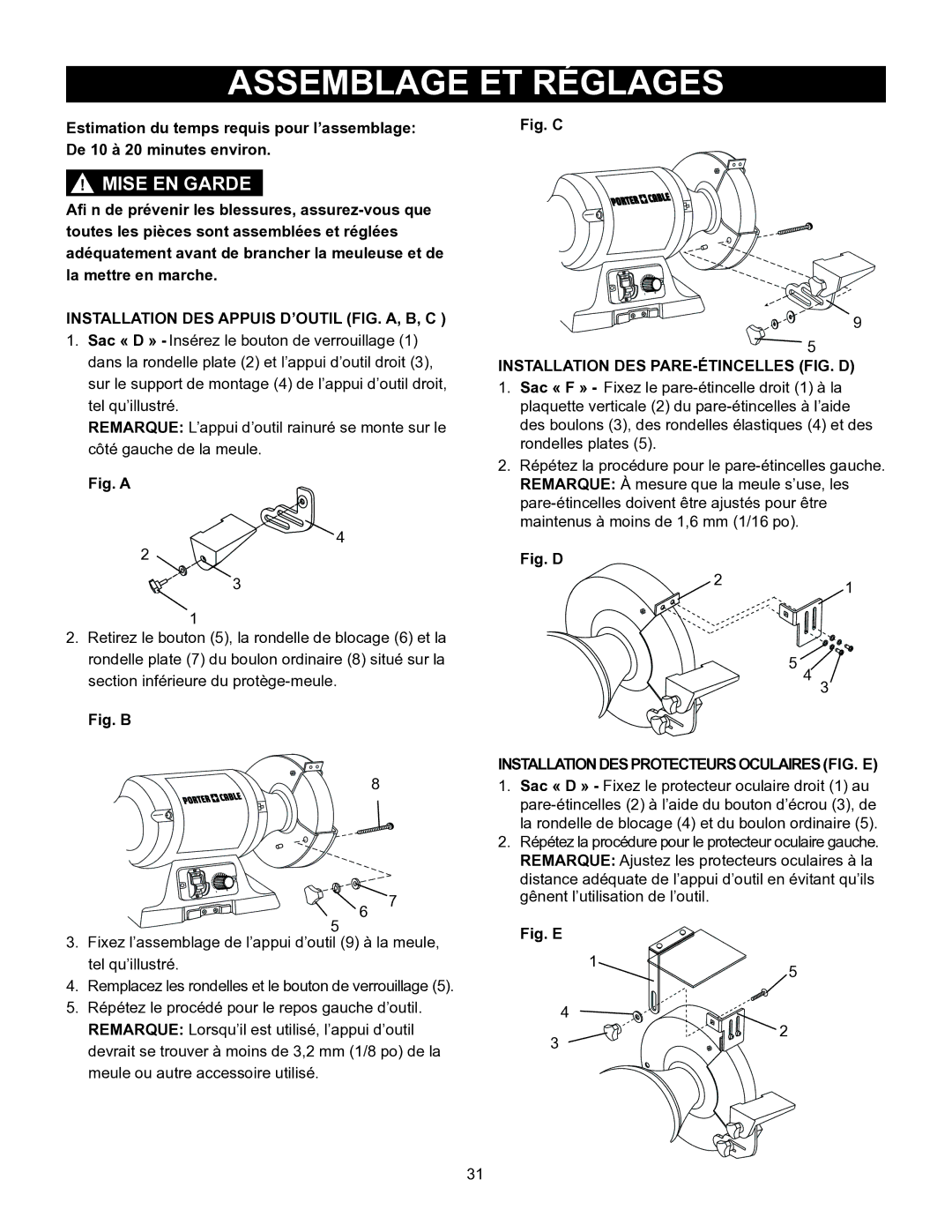 Porter-Cable PCB575BG Installation DES Appuis D’OUTIL FIG. A, B, C, Installation DES PARE-ÉTINCELLES FIG. D 