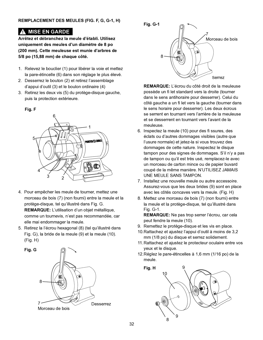 Porter-Cable PCB575BG instruction manual Remplacement DES Meules FIG. F, G, G-1, H, Fig. F 