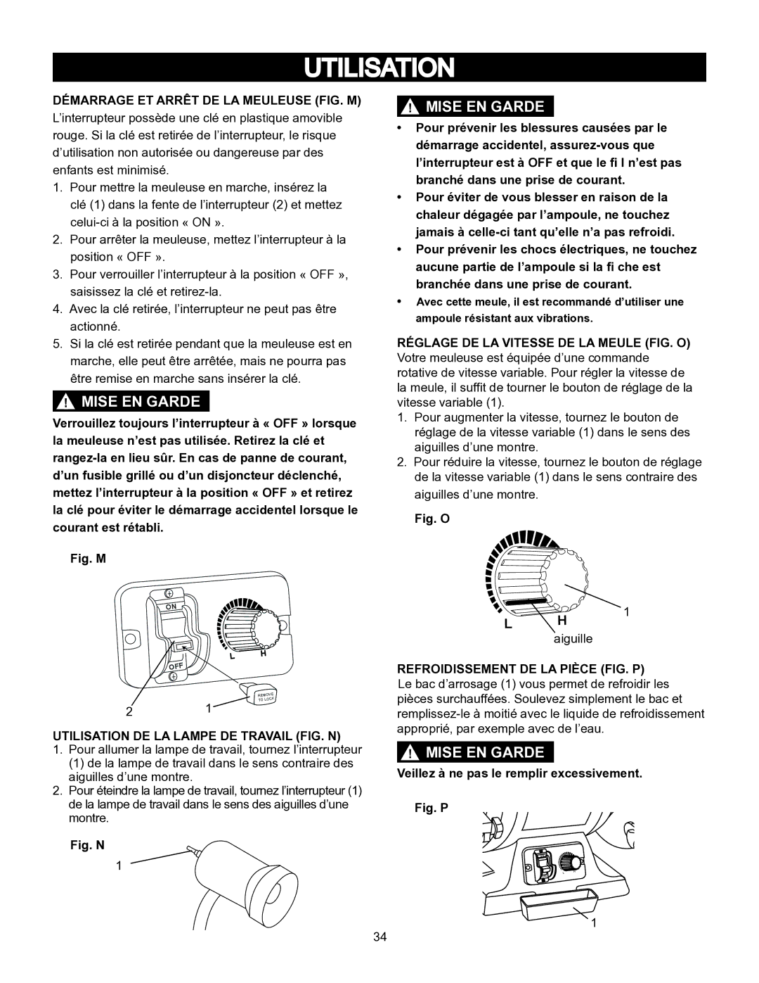 Porter-Cable PCB575BG Démarrage ET Arrêt DE LA Meuleuse FIG. M, Utilisation DE LA Lampe DE Travail FIG. N 