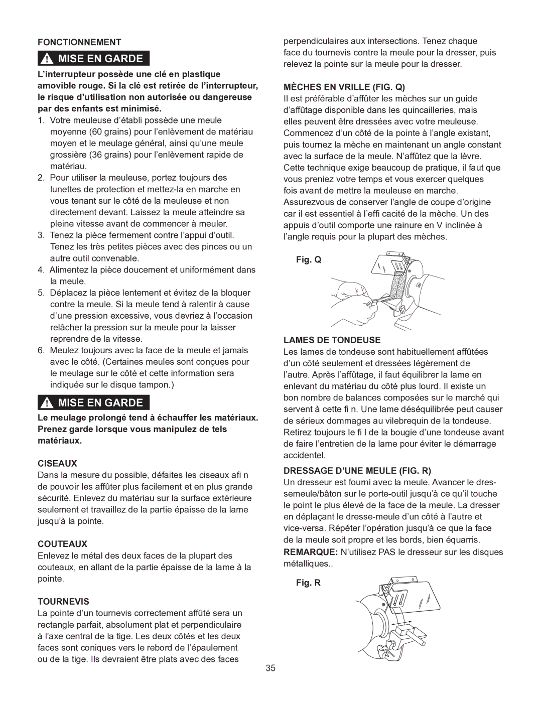 Porter-Cable PCB575BG Fonctionnement, Ciseaux, Couteaux, Tournevis, Mèches EN Vrille FIG. Q, Lames DE Tondeuse 