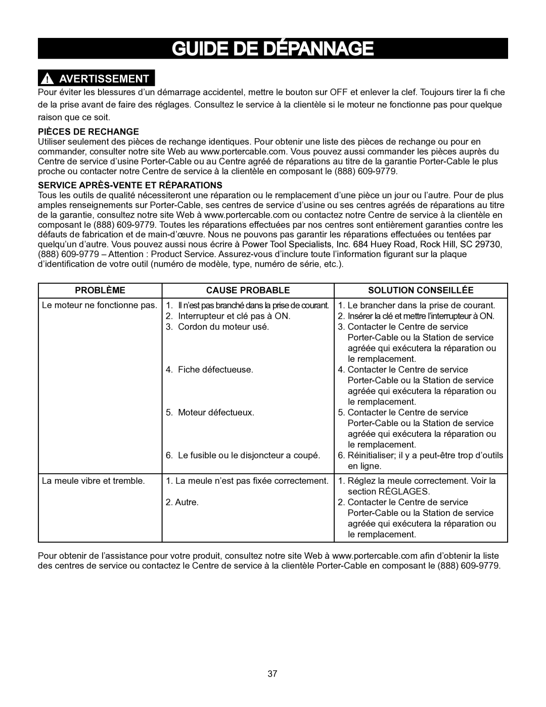 Porter-Cable PCB575BG instruction manual Guide DE Dépannage, Pièces DE Rechange Service APRÈS-VENTE ET Réparations 