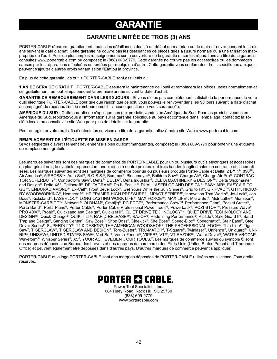 Porter-Cable PCB575BG instruction manual Garantie Limitée DE Trois 3 ANS 