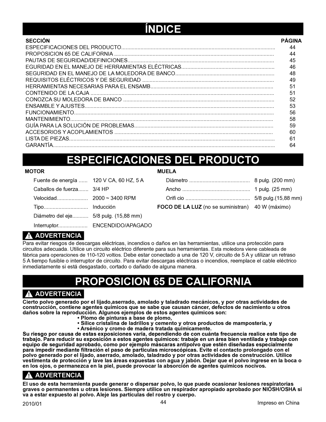 Porter-Cable PCB575BG Índice, Especificaciones DEL Producto, Proposicion 65 DE California, Sección Página, Motor Muela 