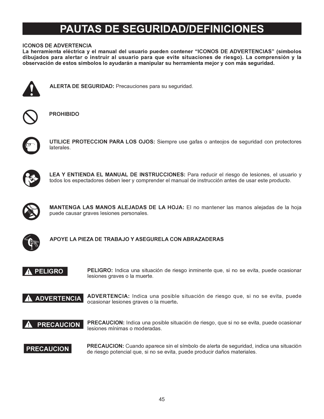 Porter-Cable PCB575BG instruction manual Pautas DE SEGURIDAD/DEFINICIONES, Iconos DE Advertencia, Prohibido 