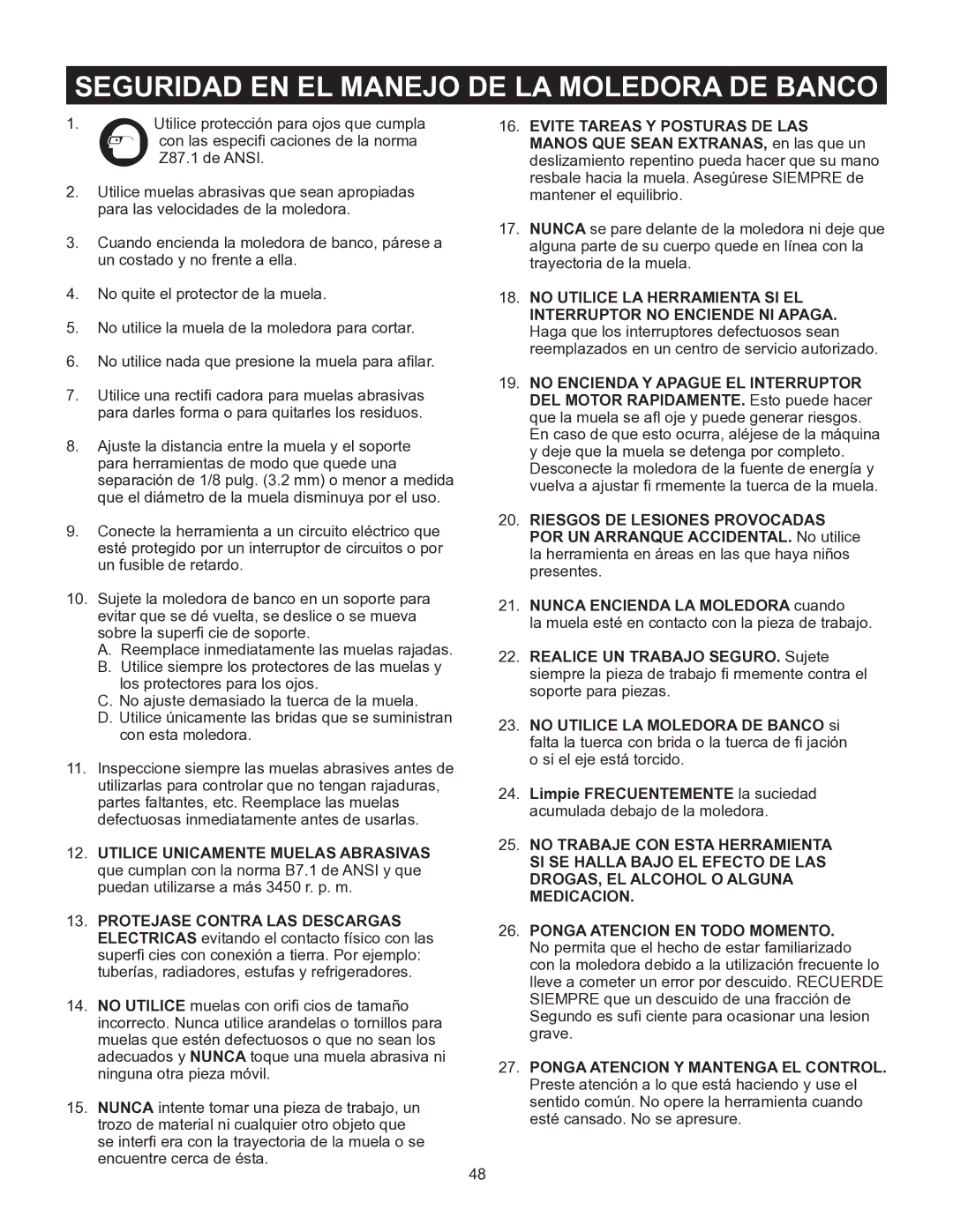 Porter-Cable PCB575BG instruction manual Seguridad EN EL Manejo DE LA Moledora DE Banco 