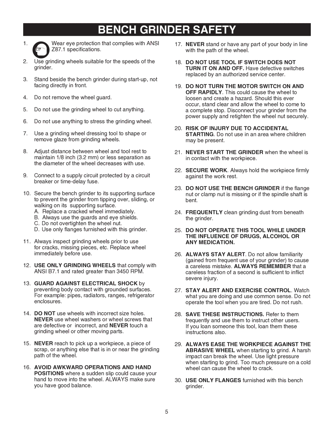 Porter-Cable PCB575BG instruction manual Bench Grinder Safety 