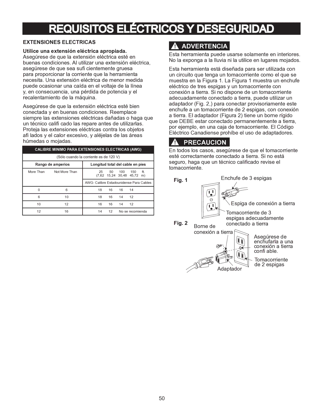 Porter-Cable PCB575BG instruction manual Calibre Minimo Para Extensiones Electricas AWG 