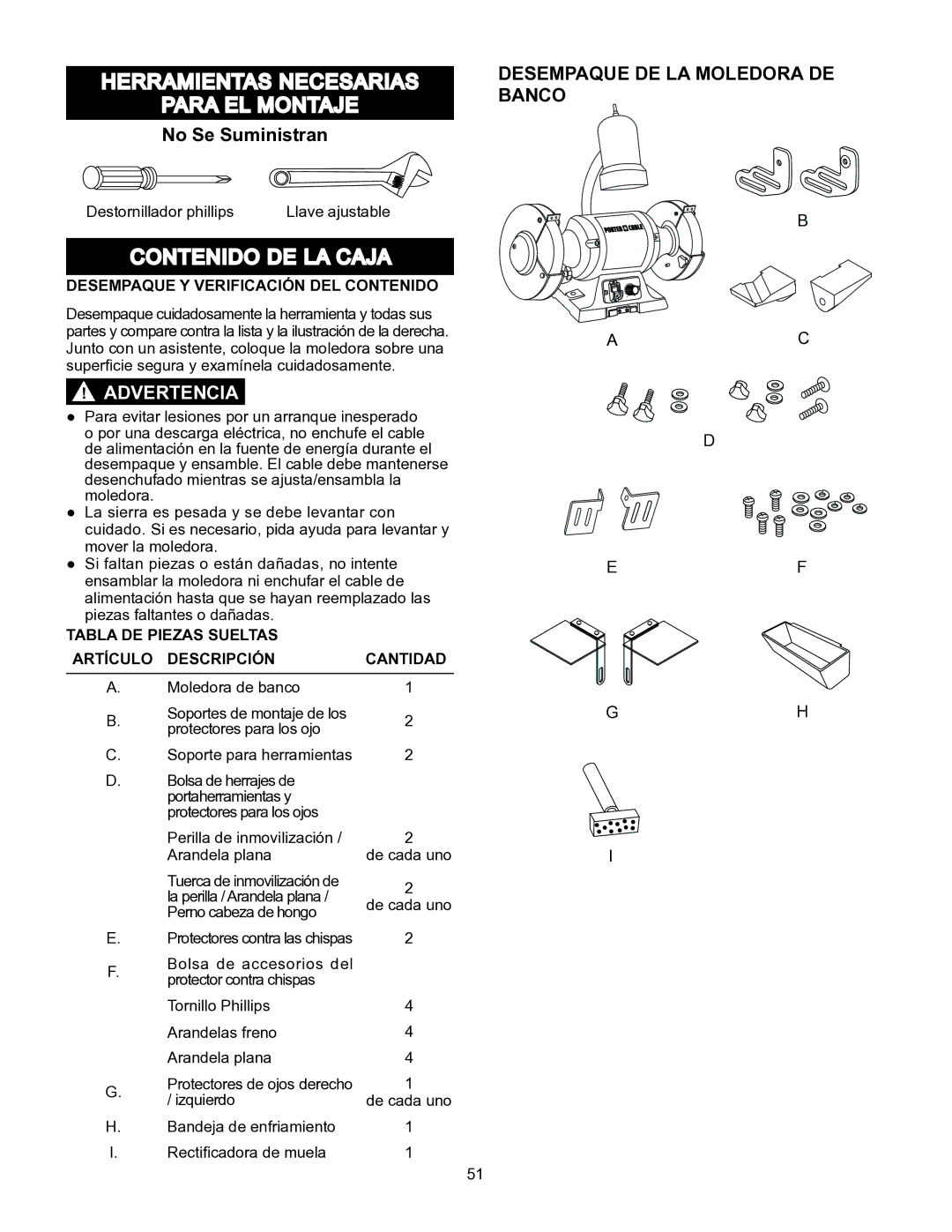 Porter-Cable PCB575BG instruction manual Desempaque DE LA Moledora DE Banco, Desempaque Y Verificación DEL Contenido 