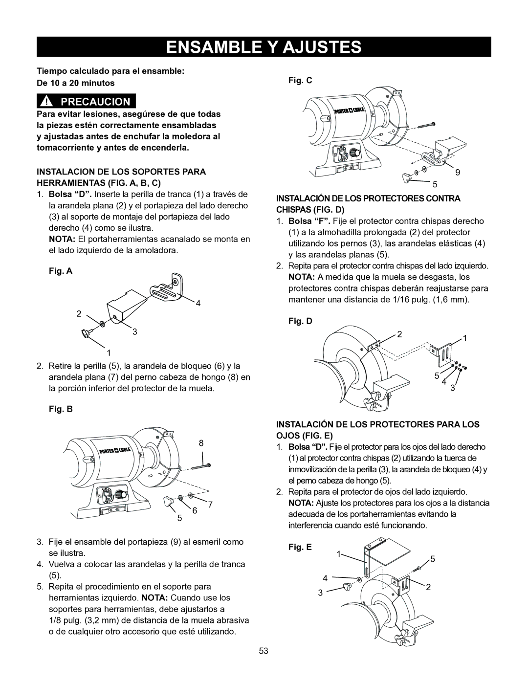 Porter-Cable PCB575BG instruction manual Ensamble Y Ajustes, Instalacion DE LOS Soportes Para Herramientas FIG. A, B, C 