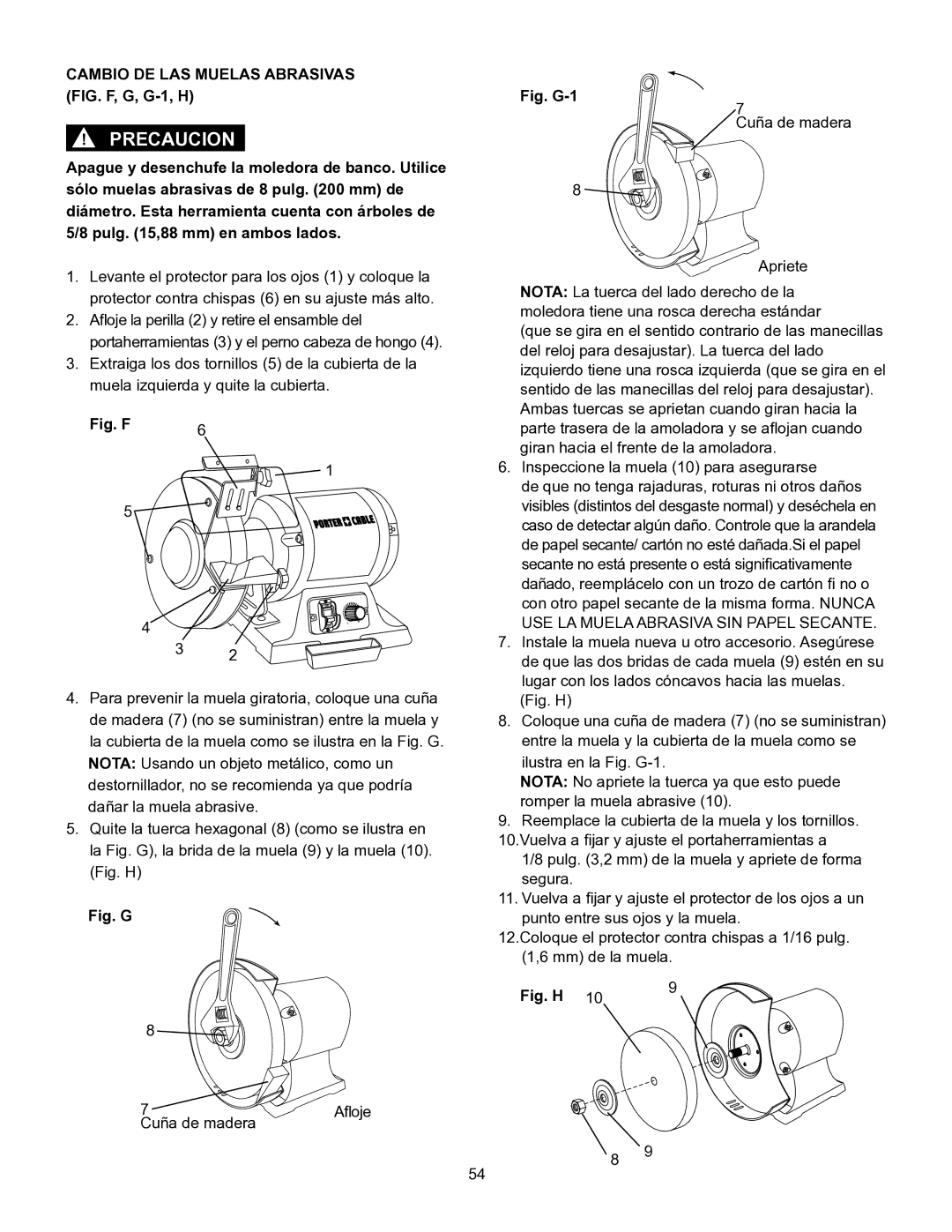 Porter-Cable PCB575BG instruction manual Cambio DE LAS Muelas Abrasivas FIG. F, G, G-1, H, Fig. F 