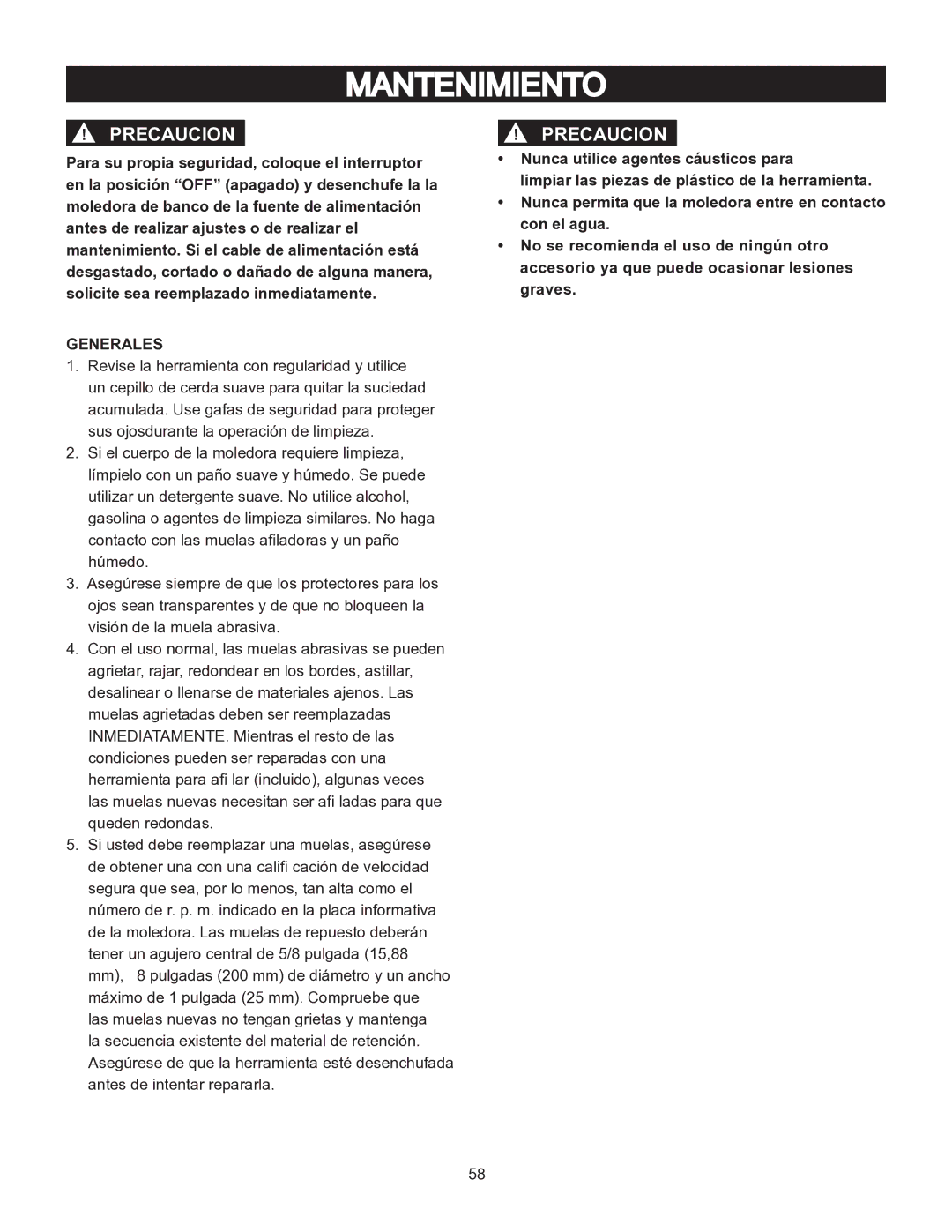 Porter-Cable PCB575BG instruction manual Mantenimiento, Generales 