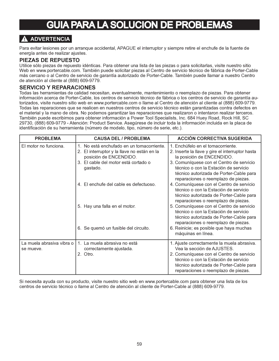 Porter-Cable PCB575BG instruction manual Guia Para LA Solucion DE Problemas, Piezas DE Repuesto Servicio Y Reparaciones 