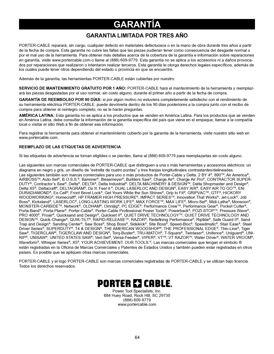 Porter-Cable PCB575BG instruction manual Garantía, Garantia Limitada POR Tres AÑO 