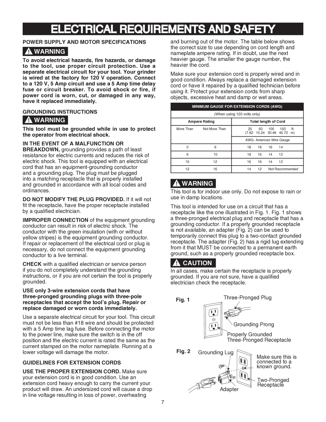 Porter-Cable PCB575BG Electrical Requirements and Safety, Power Supply and Motor Specifications, Grounding Instructions 