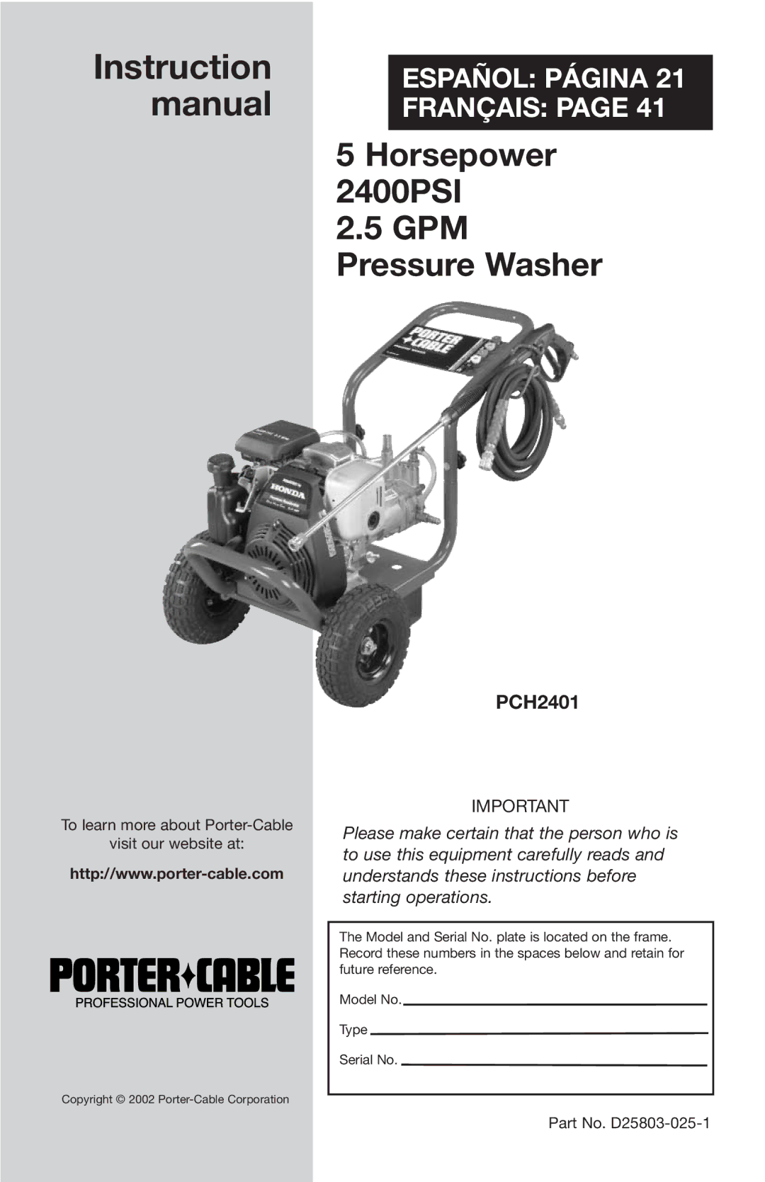 Porter-Cable D25803-025-1, PCH2401 instruction manual Instruction 