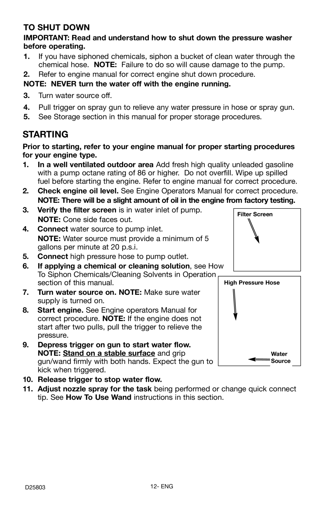 Porter-Cable PCH2401, D25803-025-1 Starting, To Shut Down, Verify the filter screen is in water inlet of pump 